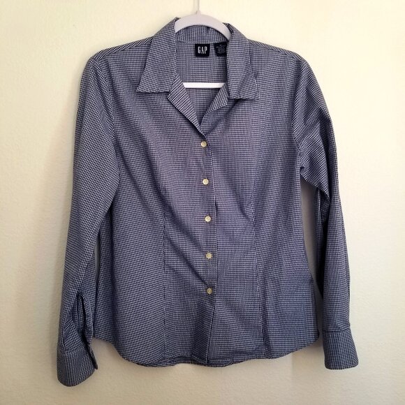 Womens GAP Long-Sleeve Fitted Shirt Sz M 100% Cotton Dark Navy Blu Houndstooth - Picture 1 of 15